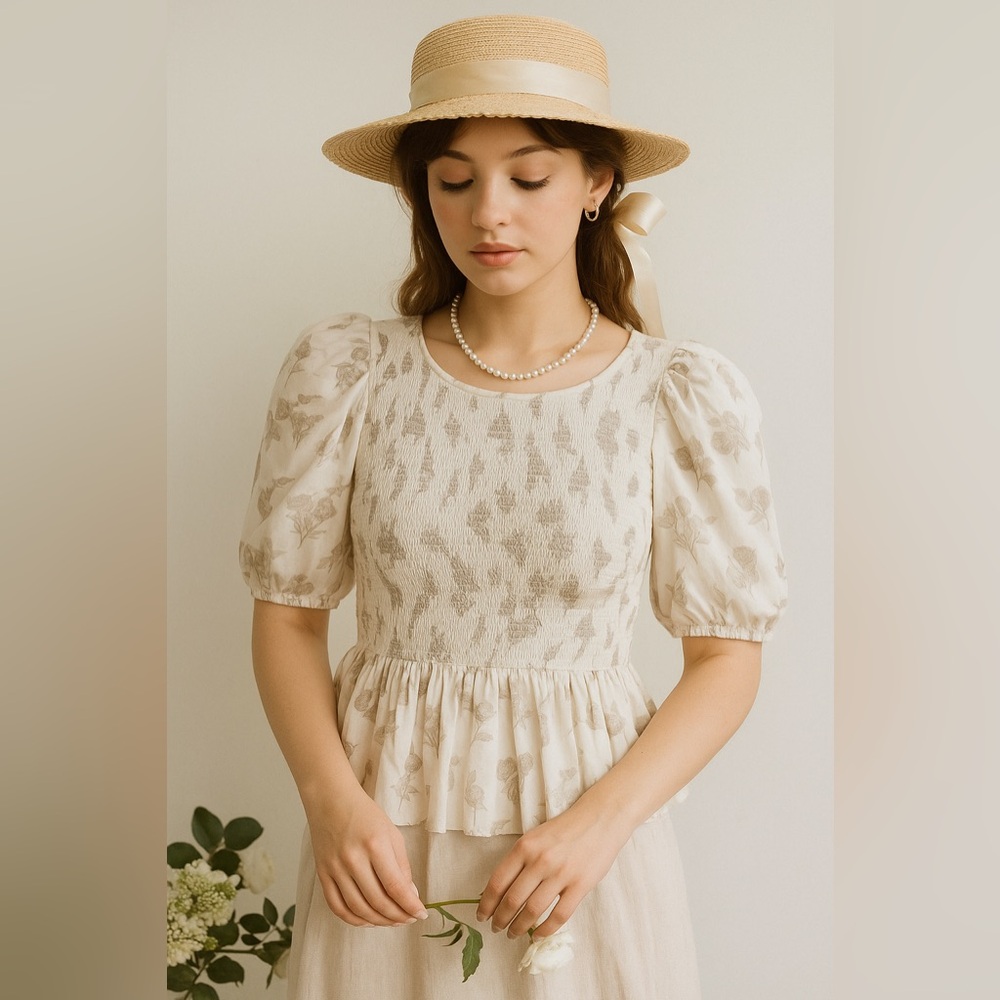 Express Smocked Puff Sleeve Top Beige Floral Cottagecore‎ Coquette Boho Shirt